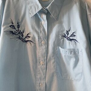 Vtg Las Olas Shirt XL Blue Striped Embroidered Cat Rhinestone Art to Wear